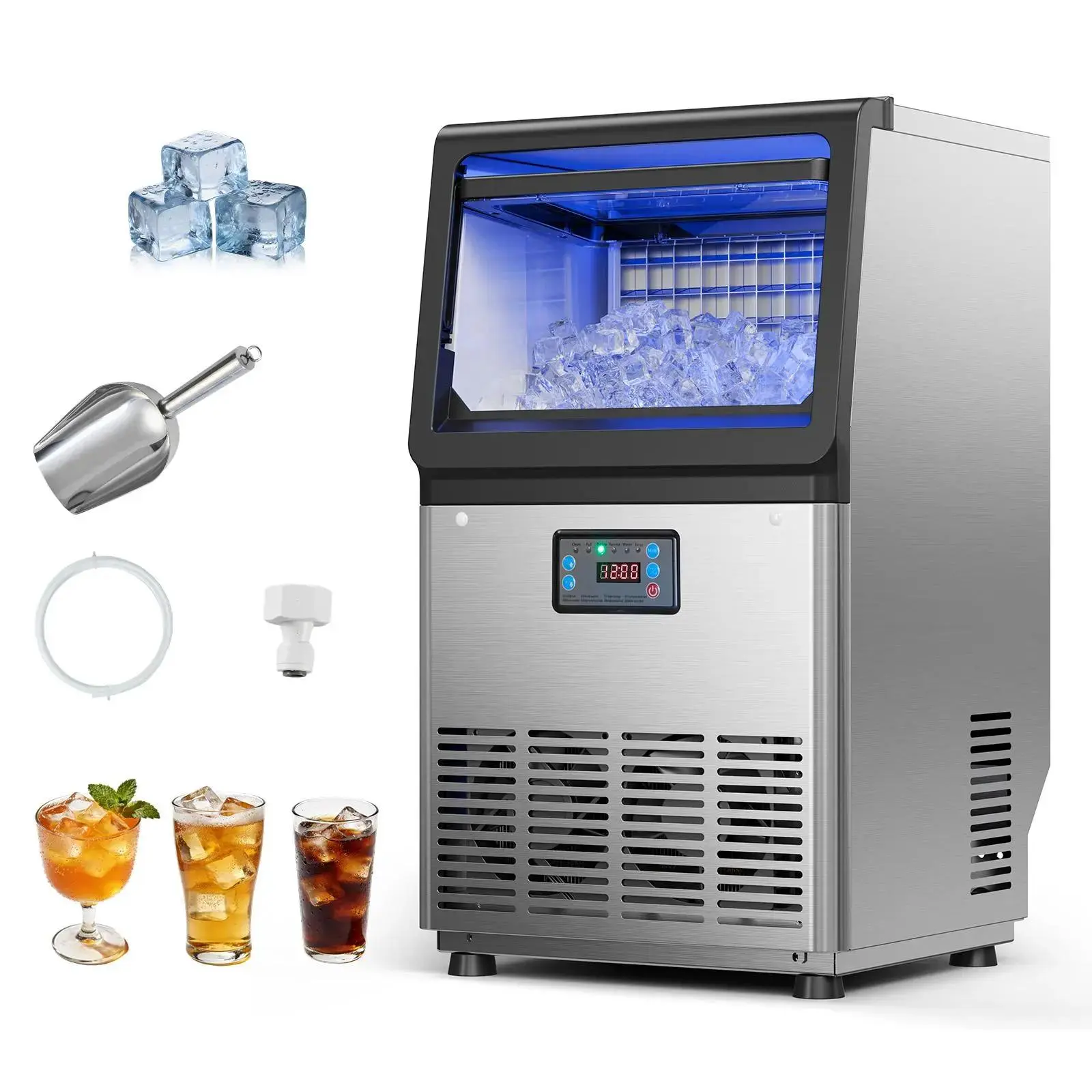 Commercial Ice Maker Machine, 80 lbs/24h with 13 lbs Storage Capacity, Countertop/Freestanding/Under Counter, Stainless Steel Ice Maker with LED Display & Self-Cleaning, for Home Bar Restaurant