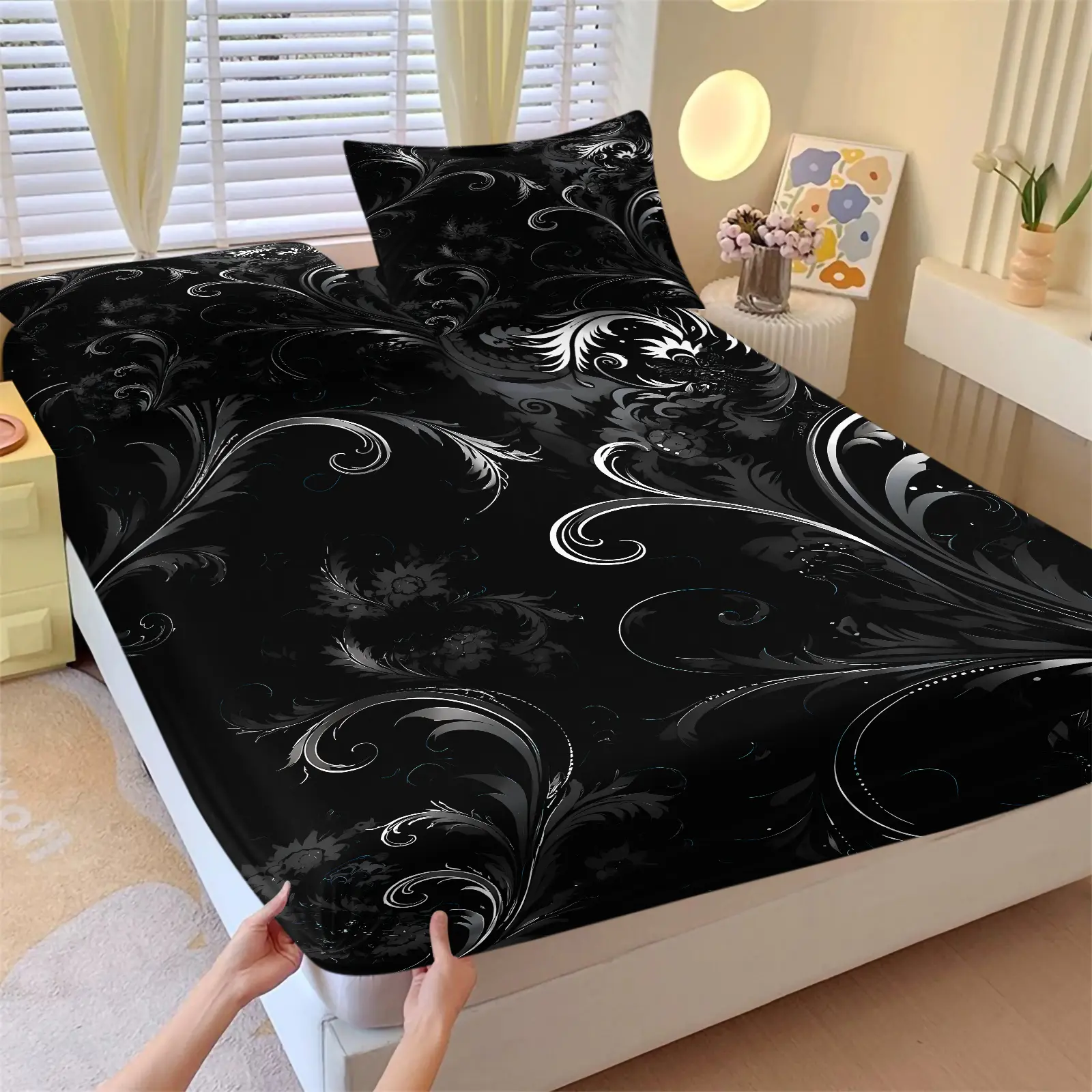 Black Silver Damask Scroll Print Fitted Sheet Set 3Pcs, 1 Fitted Sheet With 2 Pillowcases, Elegant Silver White Swirl Scrollwork Damask Floral Print Bedding Set, Soft Elastic Deep Pocket Mattress Cover, Dark Glam Luxe Home Decor