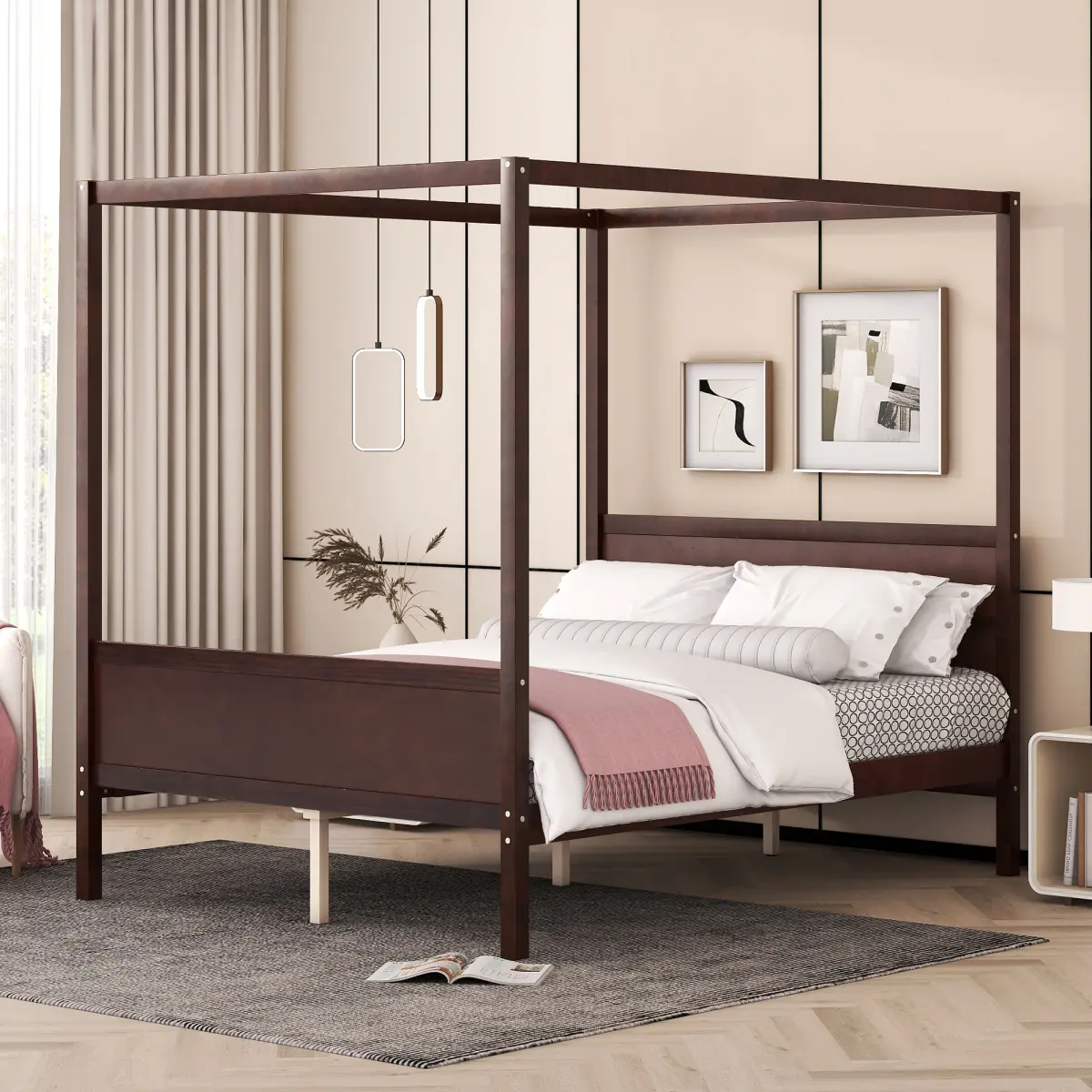 Durable Espresso Queen Size Canopy Bed with Headboard, Footboard, Slat Support Legs, 6-Inch Profile, Wooden Structure, Built-In Design, Clean Lines, Modern Beds - 83.9" L x 62.7" W x 74.8" H, 88.8 lbs, Assembly Required (OLD SKU:LT001912AAP)