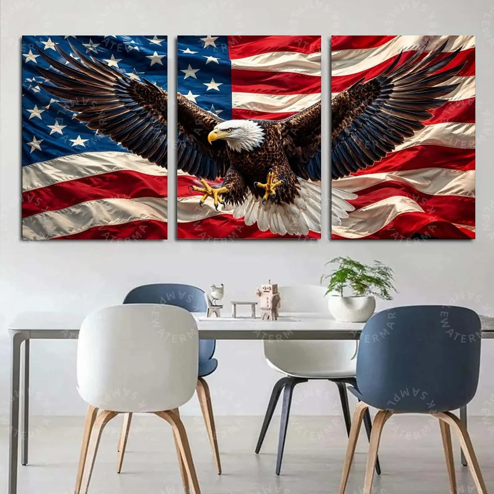 American Eagle Flag Triptych Canvas Wall Art, Bald Eagle Patriotic Poster with USA Flag Background, Freedom Symbol Artwork, Aesthetic Wall Decor for Living Room Bedroom Office, Modern Rustic Home Decoration Gift