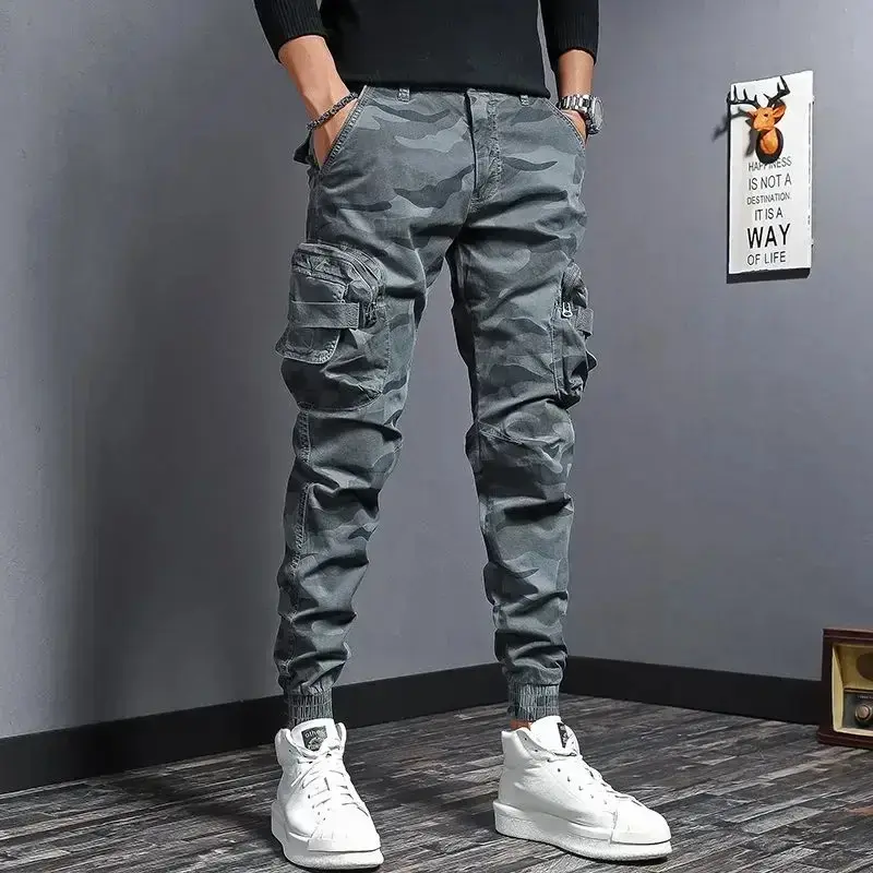 Men's Camo Cotton Blend Cargo Pants, Menswear with Multiple Pockets, New Baggy Emo Aesthetic Casual Long Trousers
