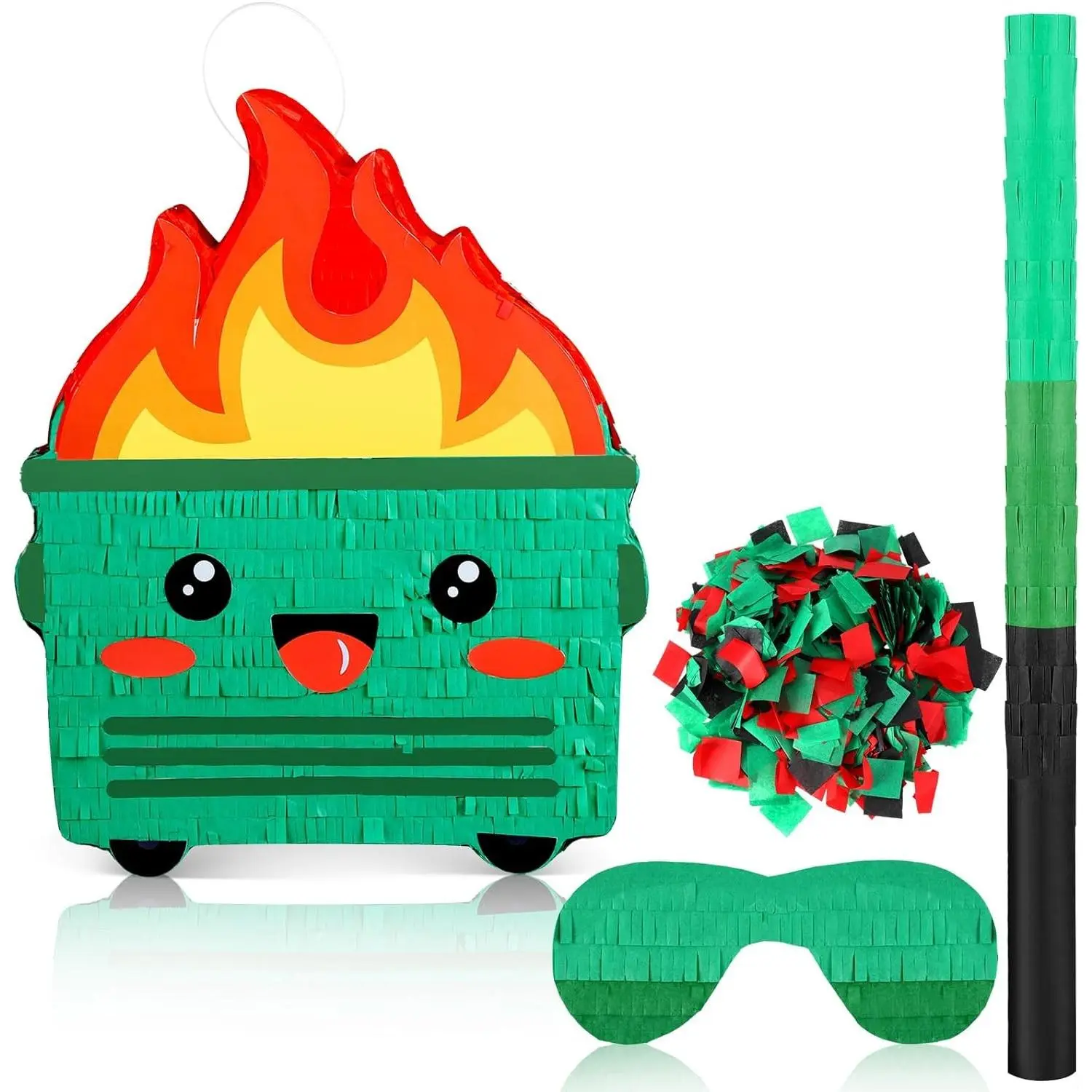 Dumpster on Fire Piñata for Birthday Party 15.75 x 12.6 Inch Piñata with Bat Blindfold Confetti for Baby Shower Photo Props Cinco De Mayo Fiesta Decoration Kids Teens Adults Supplies (Green)