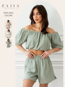 Women’s Cotton Gauze 2 Piece Shorts Set, off Shoulder Puff Sleeve Crop Top, Elastic Waist Shorts, Lightweight Crinkle Textured for Beach, Resort, Summer Travel