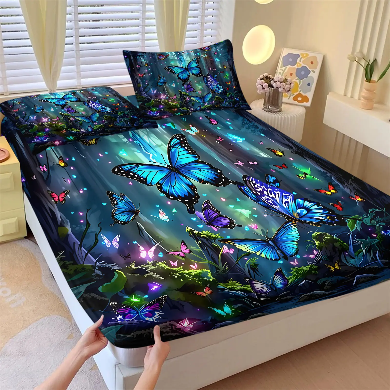 Enchanted Forest Blue Butterfly Fitted Sheet Set, 1 Fitted Sheet + 2 Pillowcases - 3 Piece, Soft Microfiber Deep Pocket Design All Season, Magical Fantasy Bedroom Decoration, Gift for Butterfly & Fantasy Enthusiast