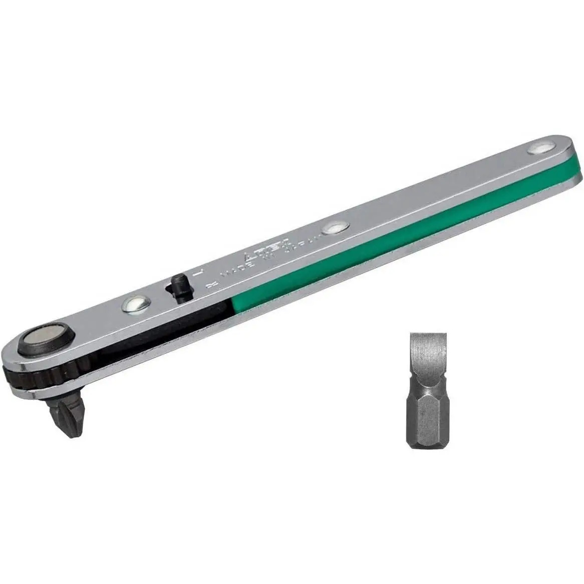 Carbon Steel Ultra Low Profile Offset Angle Ratcheting Screwdriver Set, 90-Degree Angle, Long Flat Handle, Straight Flathead Bits, Green, for Close Quarter Jobs (2-Bit Set, Includes Inches Measurement Markings)