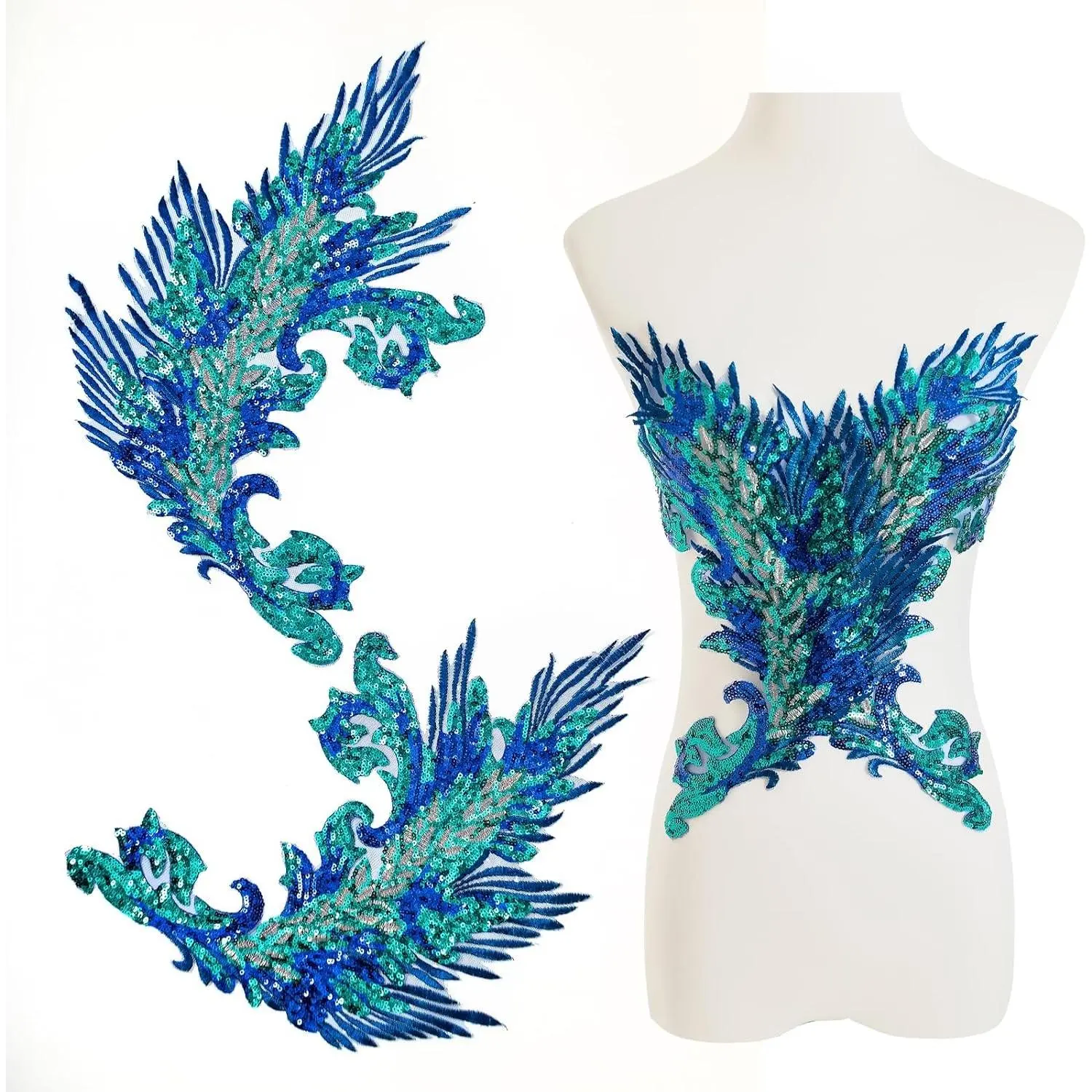 Silvora Pair Embroidery Phoenix Costume Sequin Appliques Patches, Peacock Feather Tail Applique Embellishments for Dance Dresses,Clothes,T-Shirt，Neckline Bodice Pants (Blue)