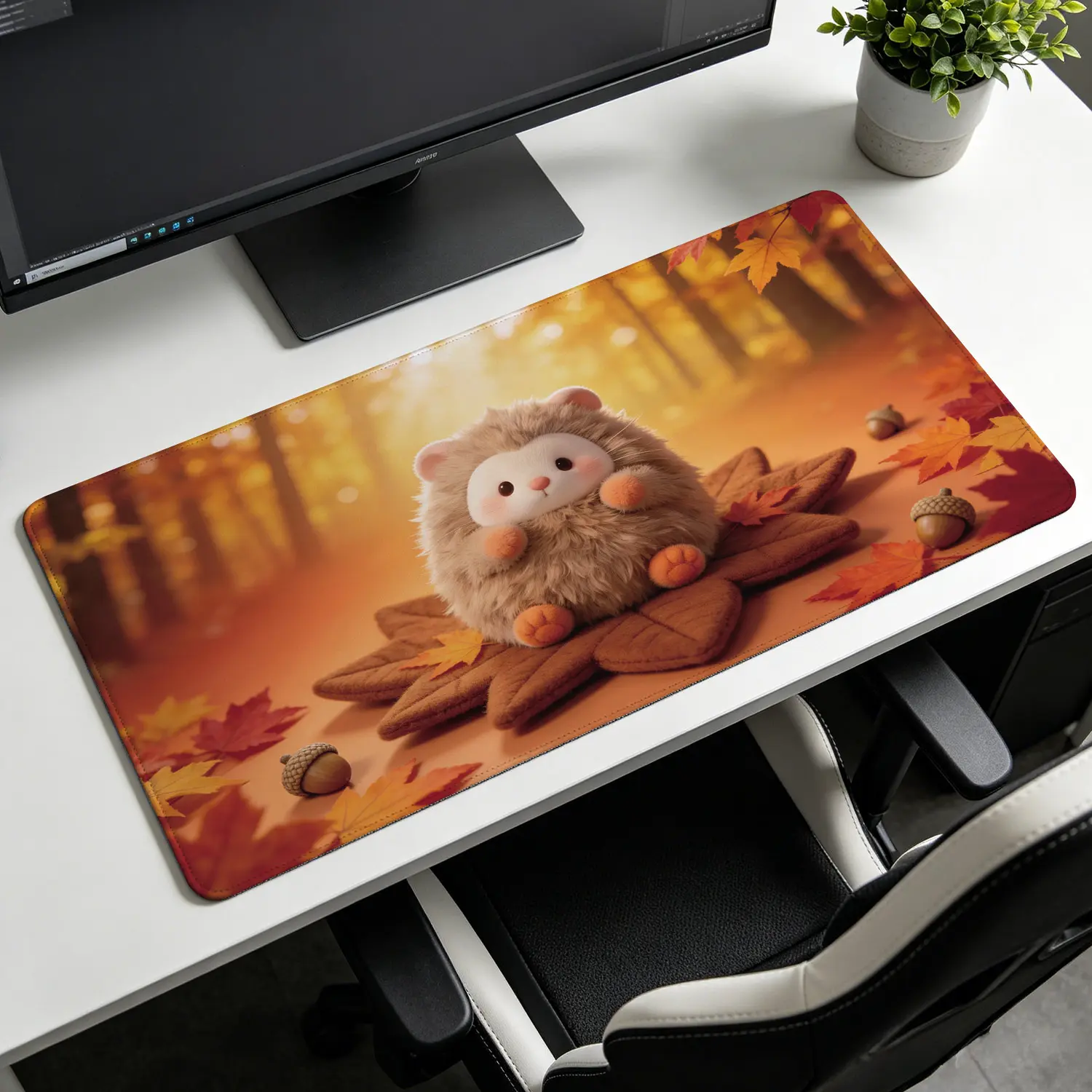 Extra Large cute fluffy hedgehog and autumn fallen leaves design Mouse Pad,Non Slip Rubber Pad,Desktop Decoration Drotection Pad,Washable,Lock Edge Multi Size,Premium Multipurpose Mousepad For Home,Office,Gift for Family and Friends