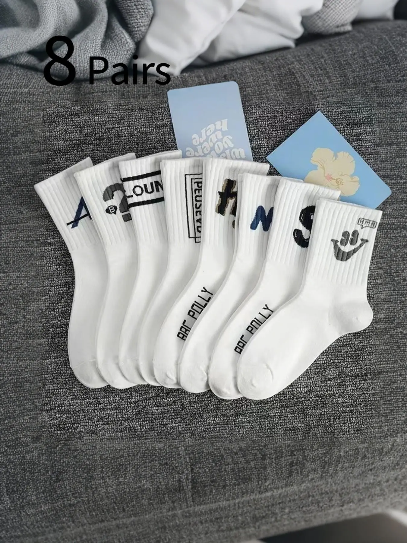 8 Pairs Men's Crew Socks, Letter Pattern, Breathable Ankle Socks, Casual Daily Wear, Comfortable & Soft, Ideal for All Seasons