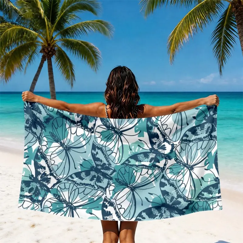 Butterfly Floral Beach Towel, Blue Plant Background, Elegant Butterfly Pattern, Absorbent, Non-Sticky, Ideal for Beach, Pool, Travel, Vacation