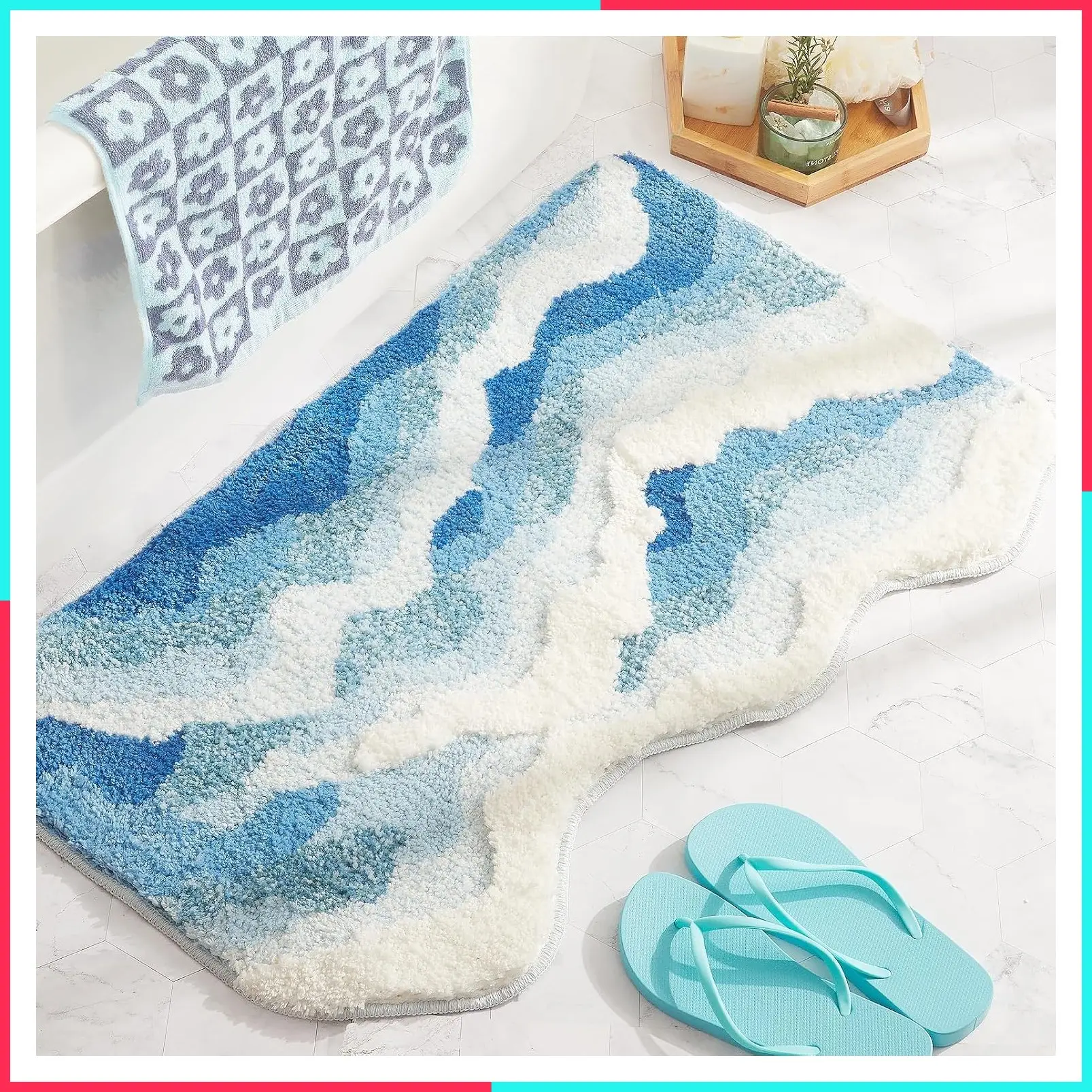 Blue Ocean Wave Bath Mat, Funky Coastal Beach Nautical Bathroom Rug, Non-Slip Washable Tufted Accent Mat for Bedroom Kitchen, 31" x 21"