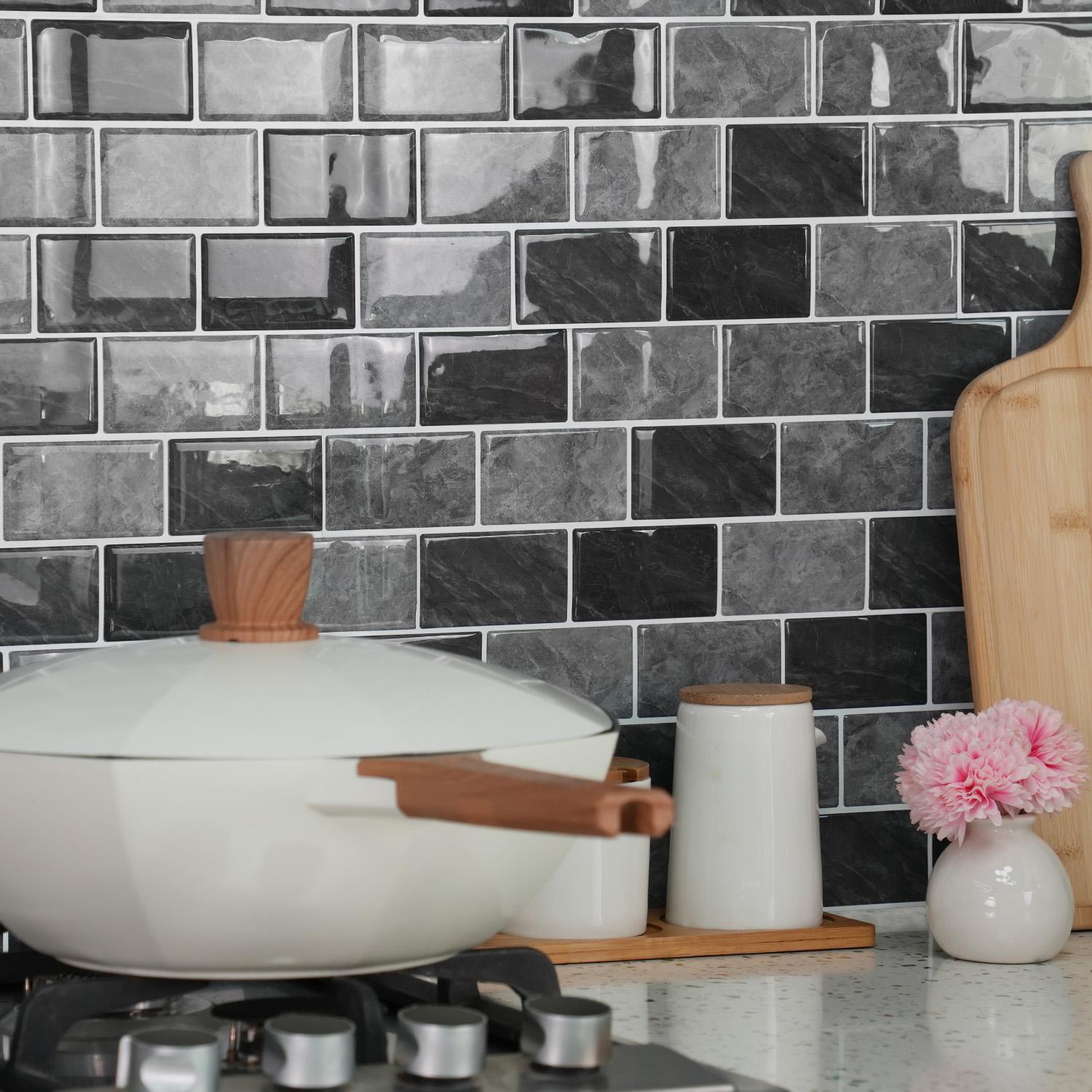 3D Peel and Stick Backsplash Tile, Black White Marble Design Self-adhesive Kitchen & Bathroom Backsplash Wall Sticker, DIY Wall Decoration, Marble Pattern Wallpaper