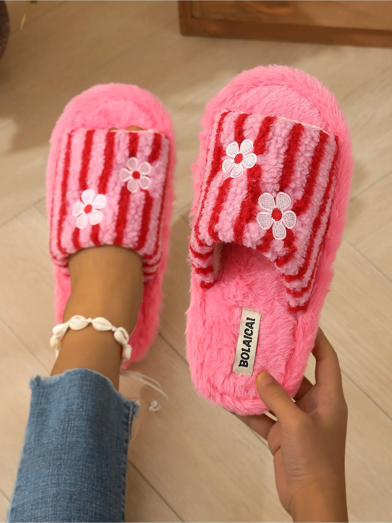 Women's Striped Flower Embroidered Fuzzy Slide Slippers, Soft Teddy Fleece Open Toe Non-Slip Flat Sole, Cozy Warm Indoor House Footwear for Autumn Winter Daily Loungewear