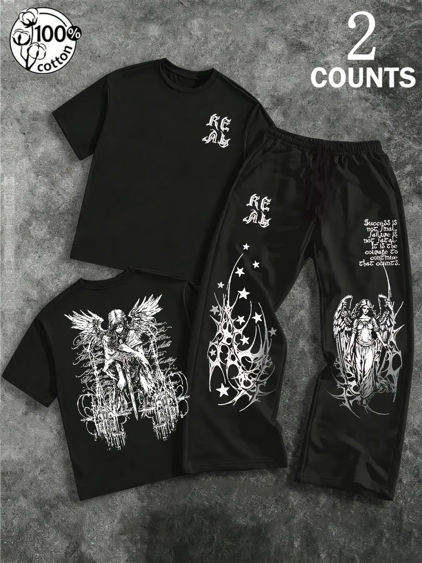Unisex 100% Cotton Dark Goth 2Pcs Matching Set with Angel & Thorn Star Print American High Street Casual T-Shirt + Wide Leg Pants