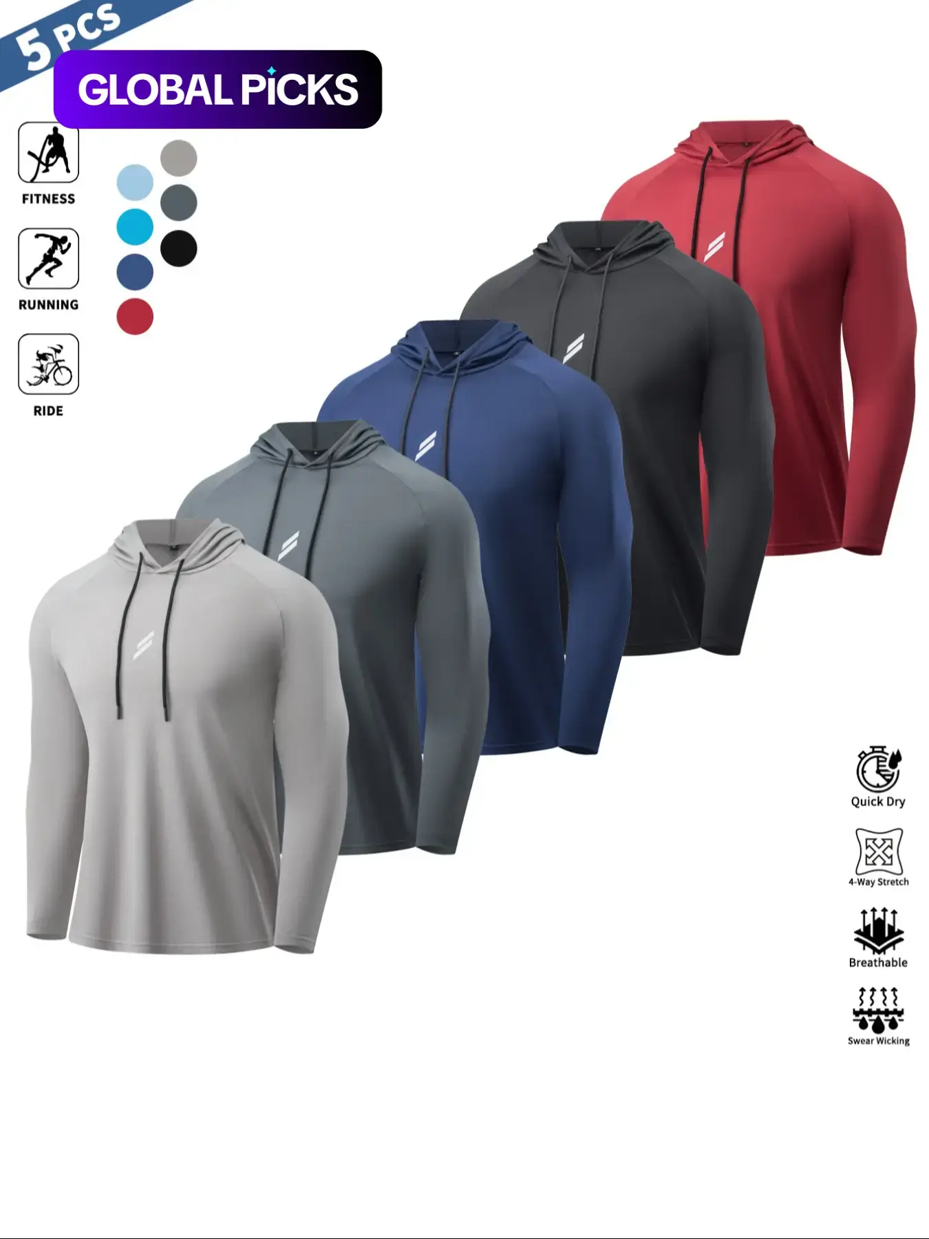 Men's Long Sleeve Sporty Hoodie, Breathable Moisture-Wicking, Reflective Logo, Plain Color, Polyester Knit, Ideal for Sports & Daily Wear, Athletic Top