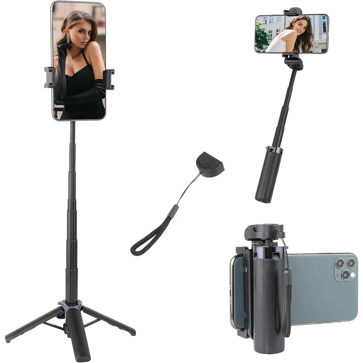18" Selfie Stick with  Remote,Compatible with  Cellphones | Extendable Selfie Telescopic Stick with  Remote, Portable Phone tripods for Live Streaming, Video Recording