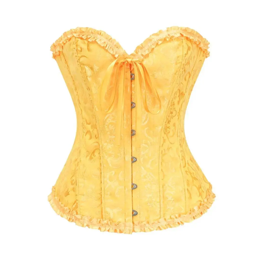 Yellow Dobby Lace-Up Ruffled Trim Overbust Corset Victorian Gothic Style Boned Women's Sexy Bustier Top Vintage Corsage Korsett