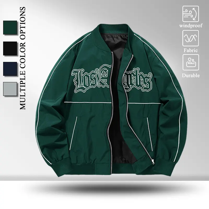 Wind Resistant Lightweight Men Baseball Collar Zip Bomber Jacket, Fashion Gothic Letter Print Outer Coat with Contrast White Piping & Ribbed Elastic Cuffs, Comfort Loose Windproof Outerwear for All Seasons Daily Street Travel