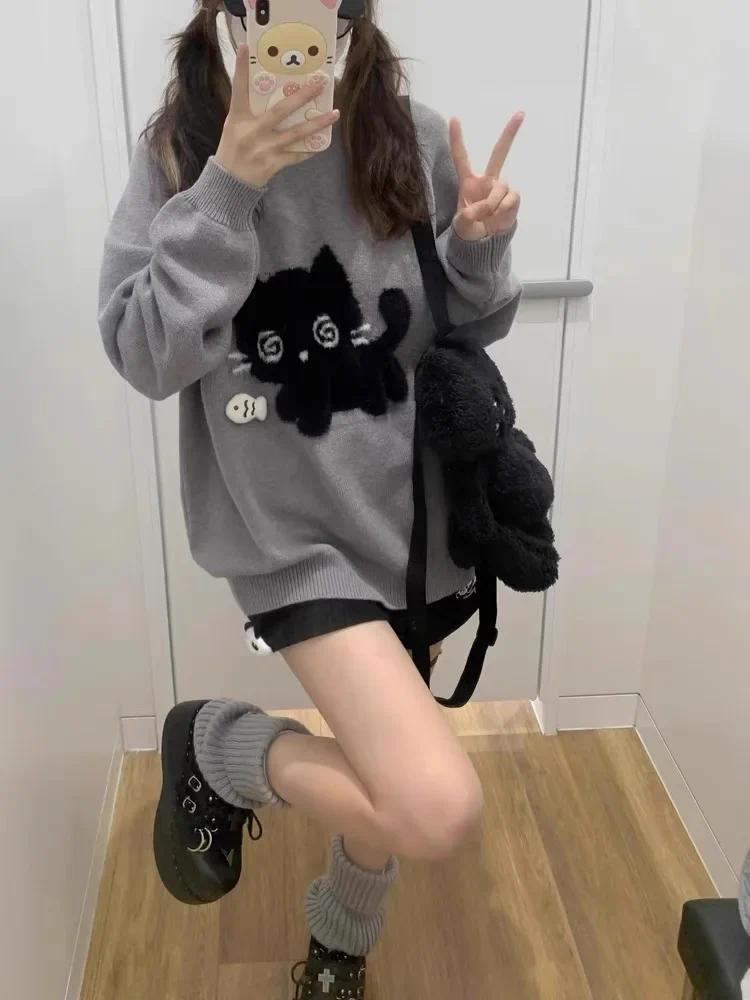 Autumn Gray Vintage Elegant Knit Pullover Woman  Cartoon Print Design Harajuku Sweater Feamale  Long Sleeve Retro Clothes