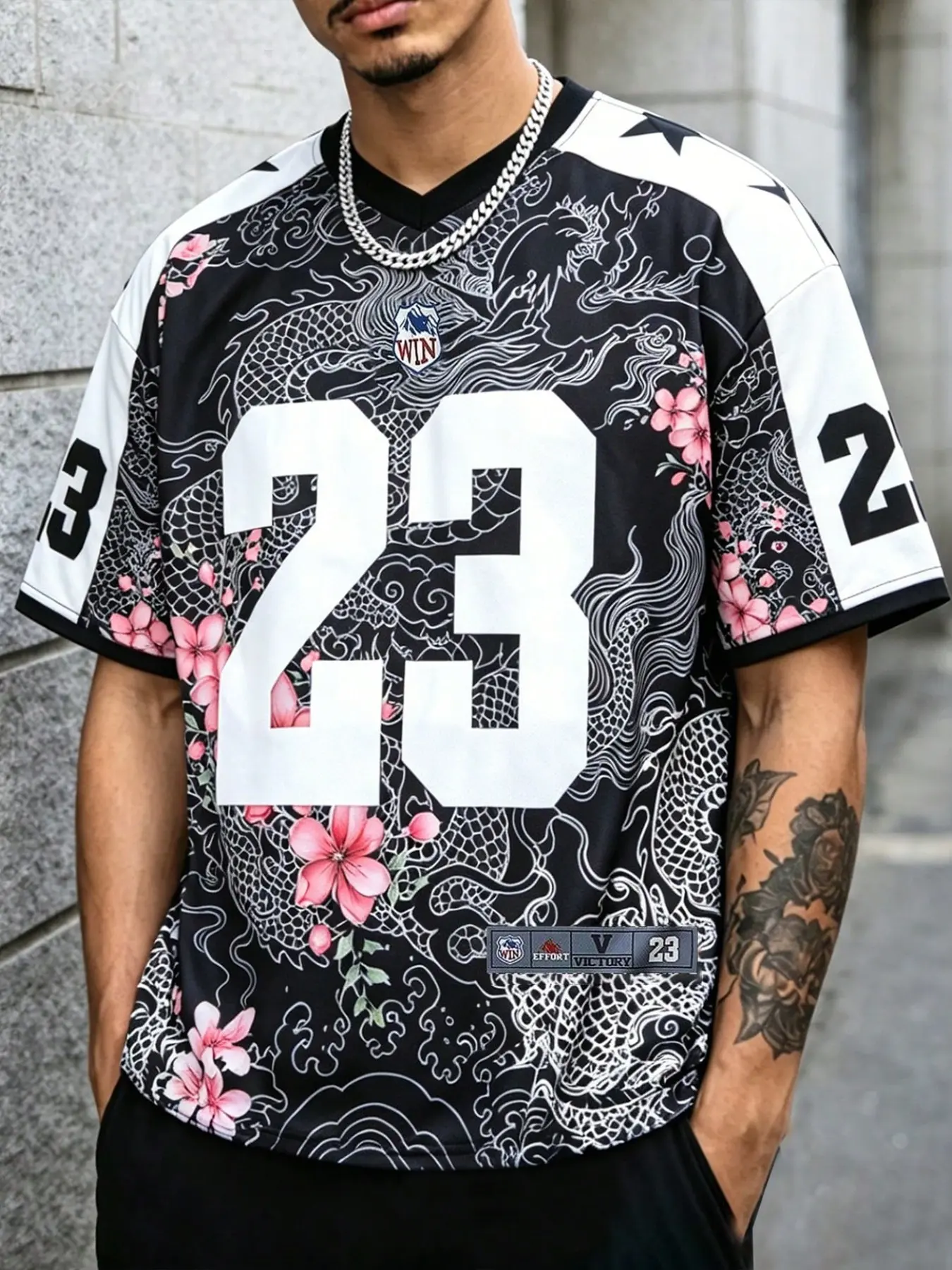 2026 Trending Japanese Dragon & Sakura Print Basketball Jersey - Aesthetic Oversized V-Neck Streetwear Graphic Tee with Number 23 & Stars - Retro Oriental Style Dark Grunge Top for Men Women - Urban Samurai Fashion Apparel Casual Jersey Sports Tees
