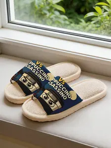 Unisex Ninja Cappuccino Print Linen Slippers, Soft Eva Sole, Non-Slip Quiet Design, Ideal for Home Use All Year Round