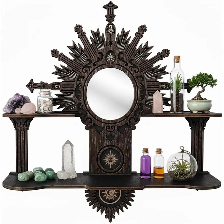 Witchy Trinket Shelf with Mirror, Gothic Wooden Floating Shelves for Essential Oils & Boho Altar Decor, Crystal Display Shelf for Home Bedroom Living Room, Unique Gifts for Women