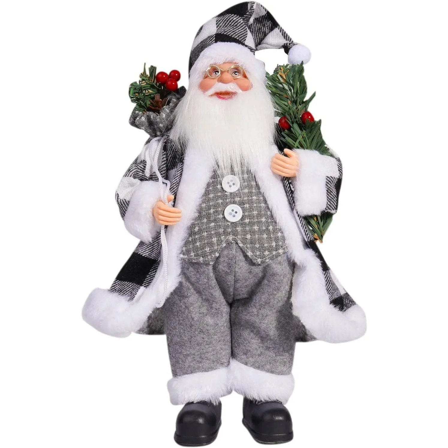12" Christmas Santa Figurines Standing  Buffalo  Santa Claus Figure Holding Gifts Bag with Artificial Green Spruce & Red Berry for Holdiday Winter  Table Xmas Party, A