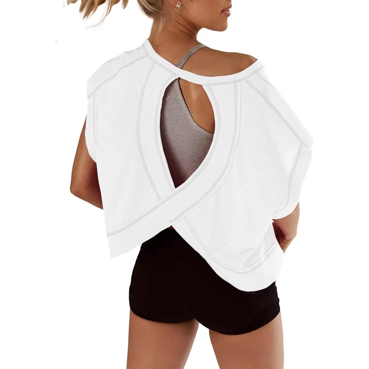 Open Back Tops for Women Oversized Short Sleeve Workout T Shirts Backless Y2k Athletic Crop Running Tees