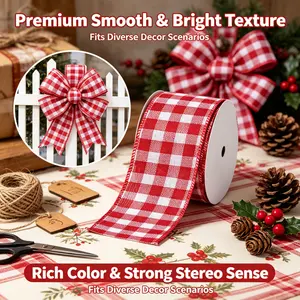 1 Roll 10Y 2.5in Red White Buffalo Plaid Wired Ribbon | Perfect Christmas Farmhouse Decor for Tree Wreath Gift DIY