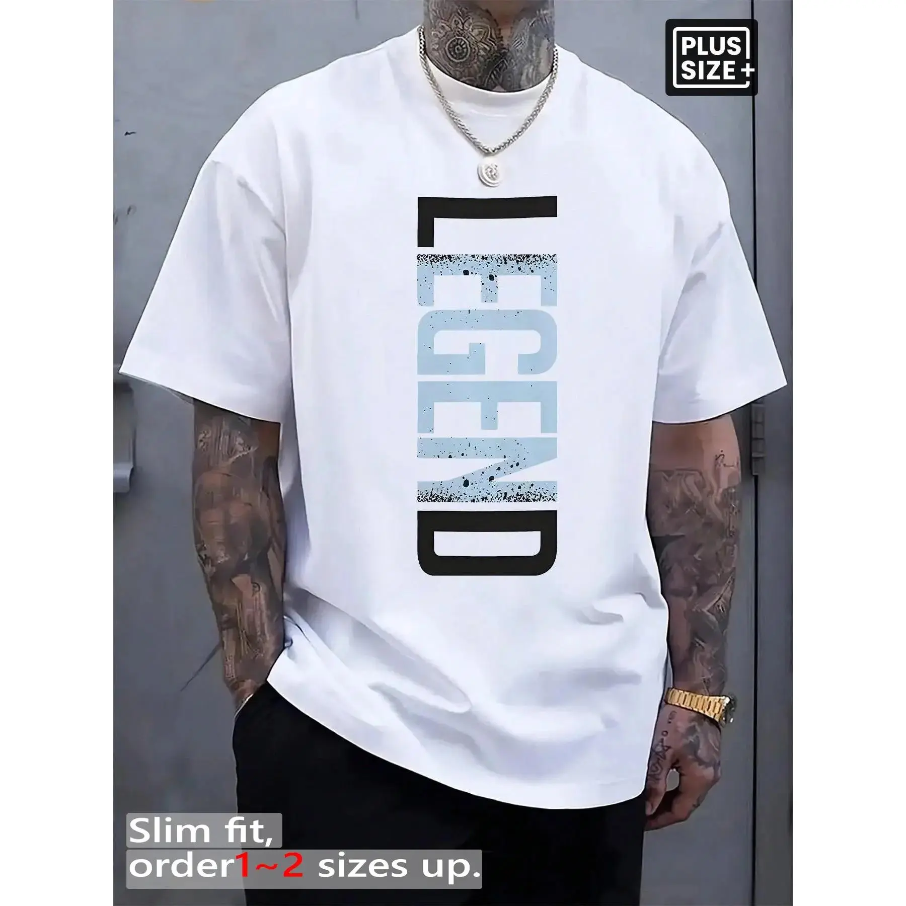 Men's Plus Size Oversized "LEGEND" Vertical Graphic Tee, Streetwear, Summer Casual Short Sleeve, Gift for Hip Hop & Urban Culture Lovers, Menswear