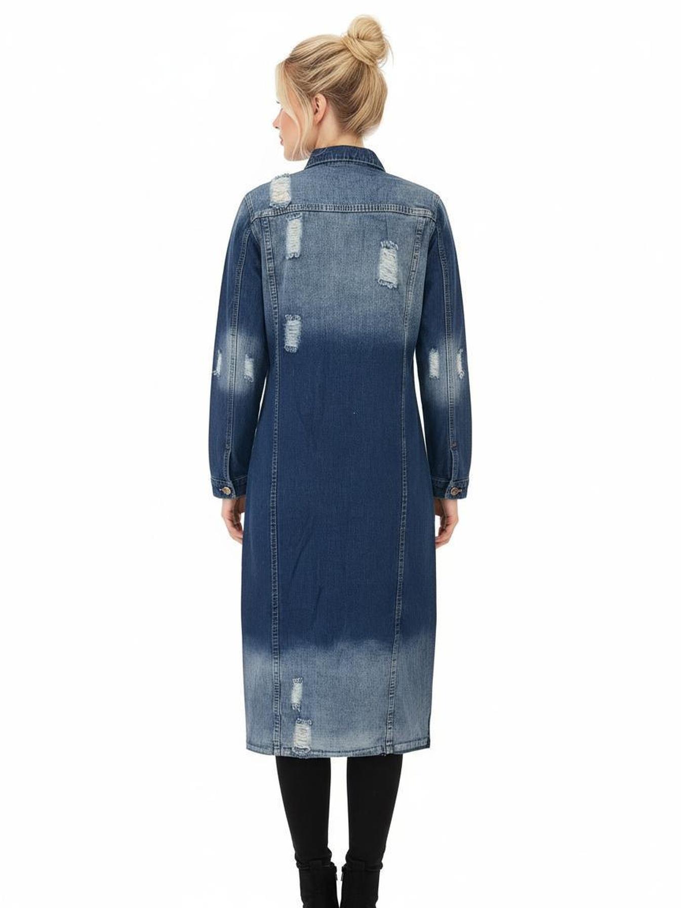 Women's Long Distressed Denim Duster Jacket Button Front Ripped Jean Coat with Pockets