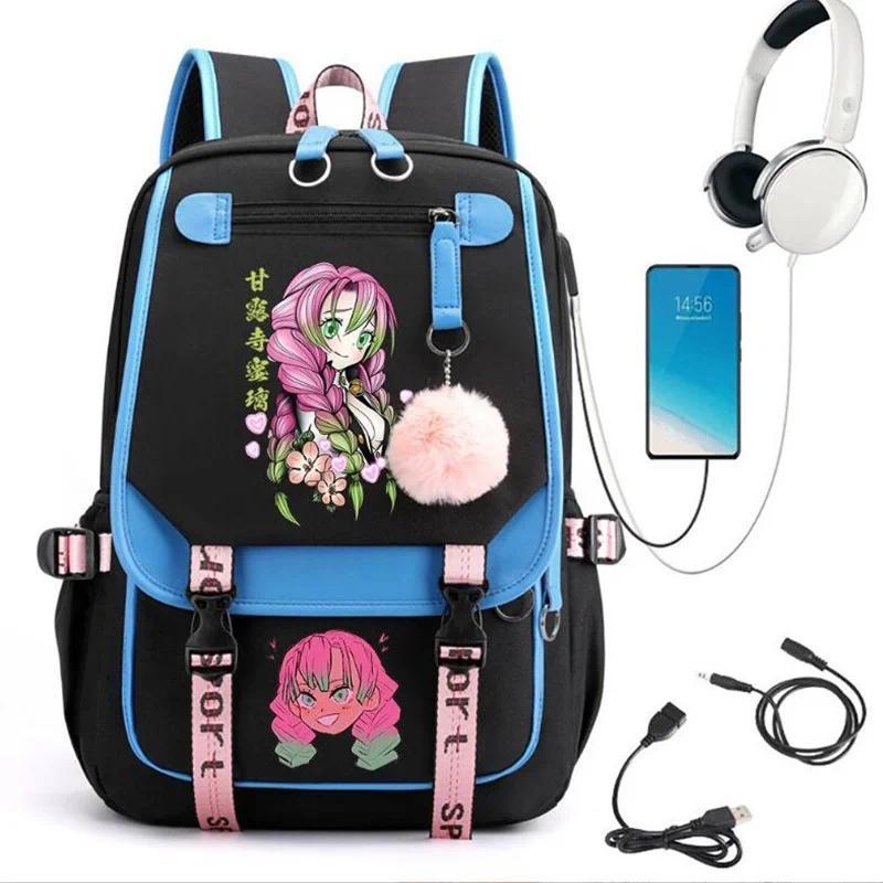 Demon Slayer Kanroji Mitsuri Backpacks Teenarges Schoolbag Anime USB Charge Laptop Travel Outdoor Bag Color Blocking Mochila