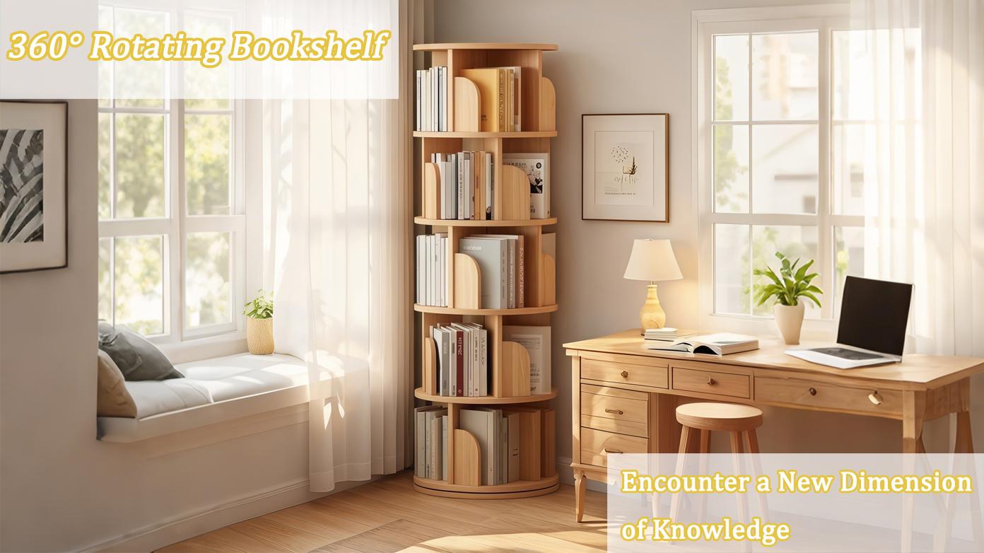 5 Tier Rotating Bookshelf, 360° Display Round Spinning Bookshelf, Space-Saving, Small Space Rotating Bookshelf Tower for Bedroom, Living Room, Home, Office