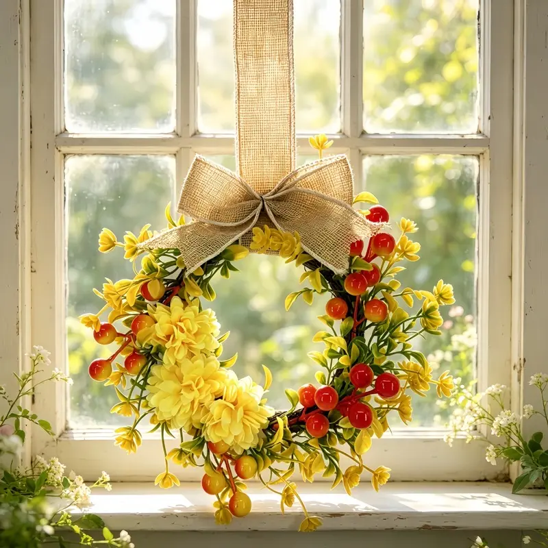 Small Hanging Fall Wreath Artificial Yellow Chrysanthemum Red Berry Wreath with Burlap Bow for Kitchen Cabinet Window Wall Door Home Decoration