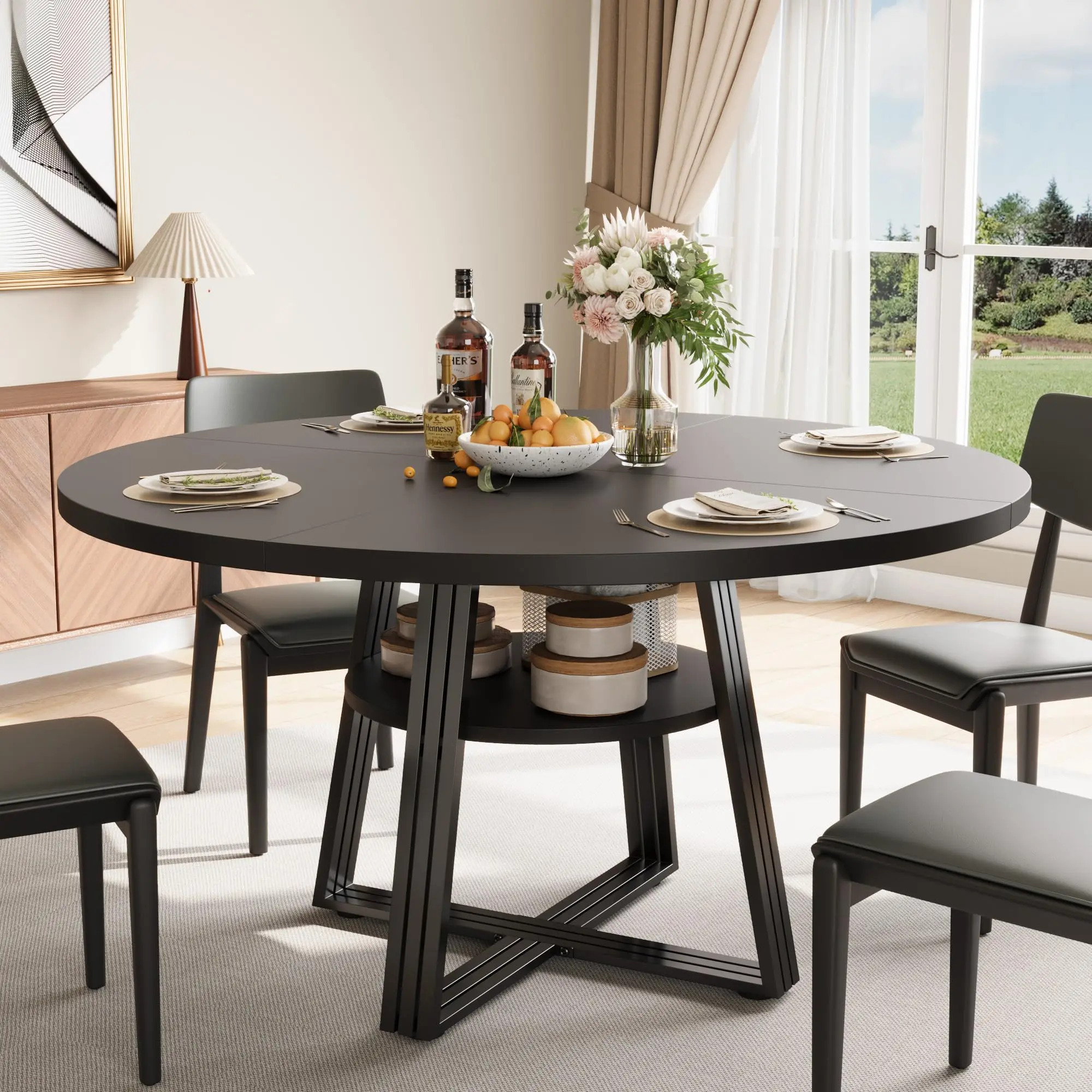 Hosslly Farmhouse Round Dining Table - 47.2in Space-Saving Circle Table with Storage Shelf, Sturdy Wood Construction for 4-6 People, Black Walnut for Dining Room, Apartment