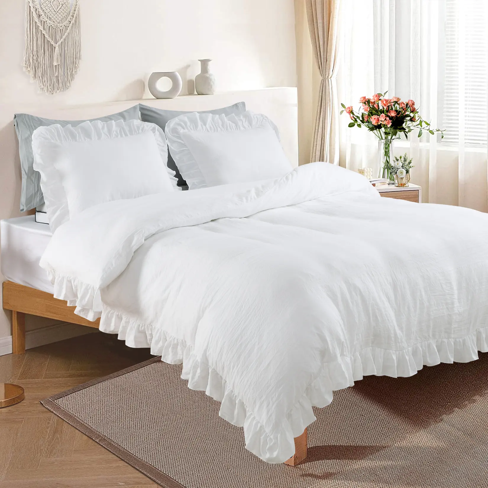 3 Piece Ruffle Duvet Cover Set, Vintage French Country Ruffled Bedding Set with Pillow Shams, Soft Washed Microfiber Shabby Chic Comforter Cover with Corner Ties Hidden Zipper, Farmhouse Bed Base King Queen Full