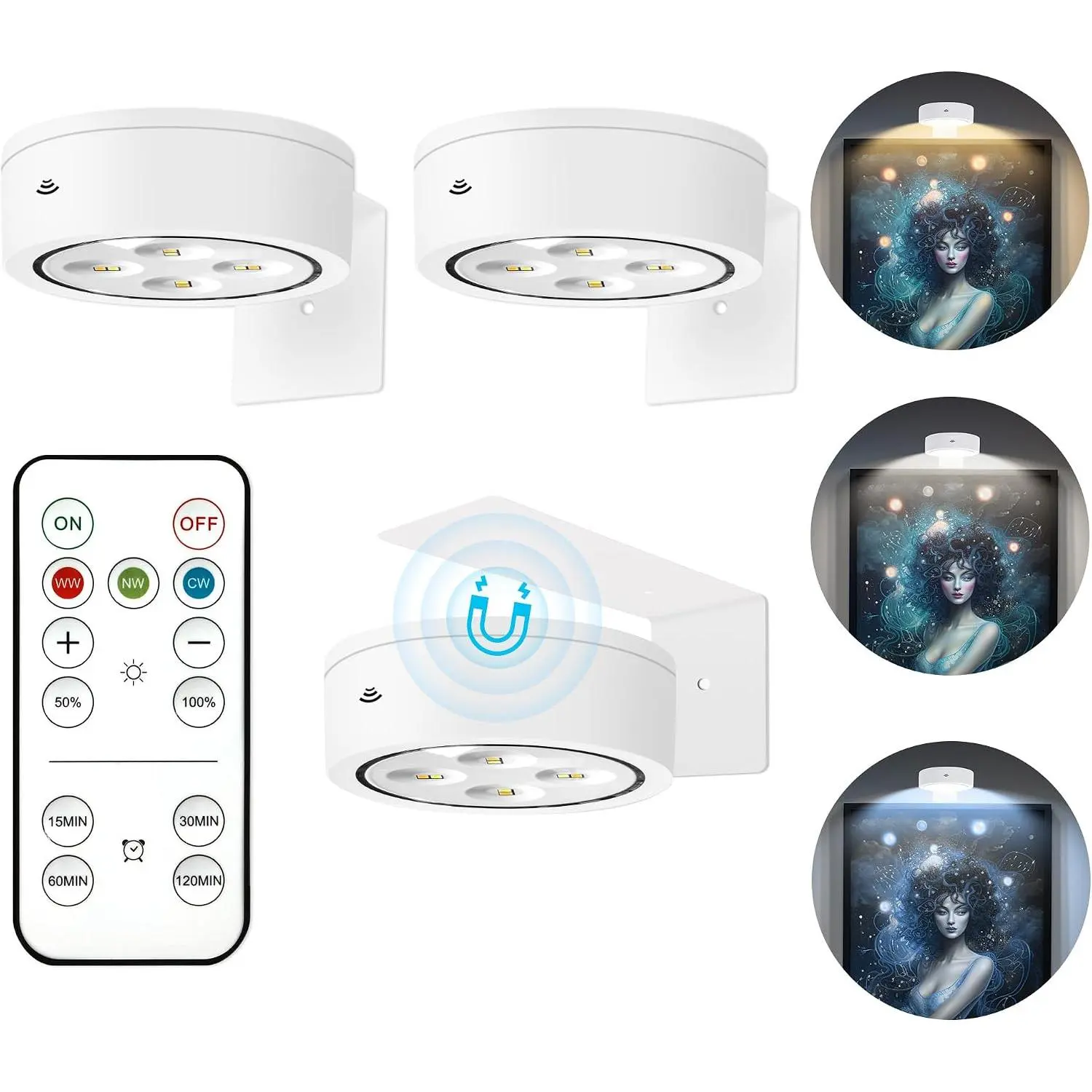 Picture Lights for Wall, Wireless Poster Lights Battery Operated, White |   LED Magnetic Painting Light with Remote Dimmable, Timer&3 Lighting Modes, Art Display Puck Light for Frame Portrait, 3 Pack