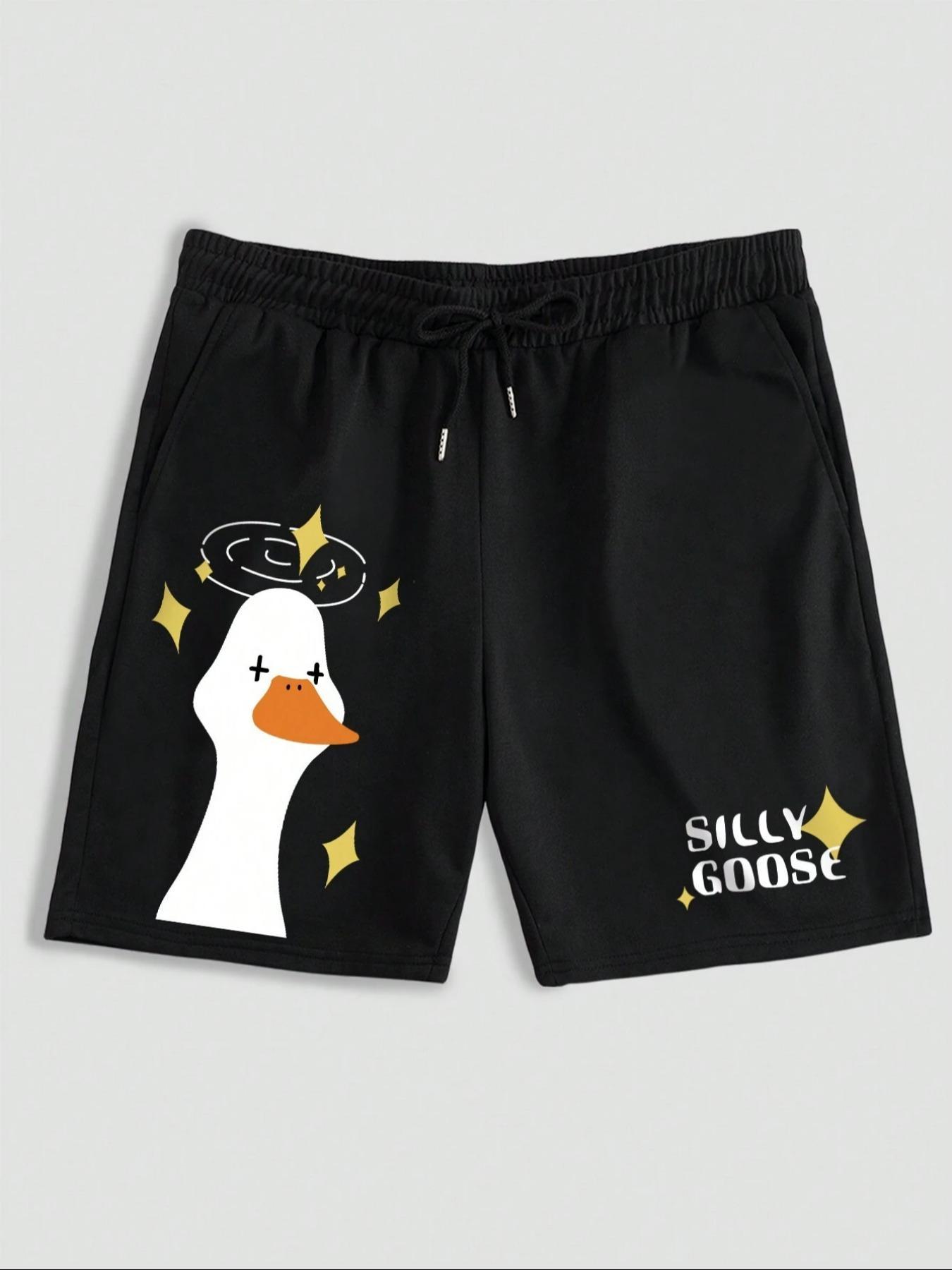 Men's Cartoon Goose & Letter Print Drawstring Sleep Shorts, Regular Fit Casual Comfy Elastic Waist Pocket Bottoms for Daily Wear, Sleepwear Loungewear for All Seasons, Pajama Shorts