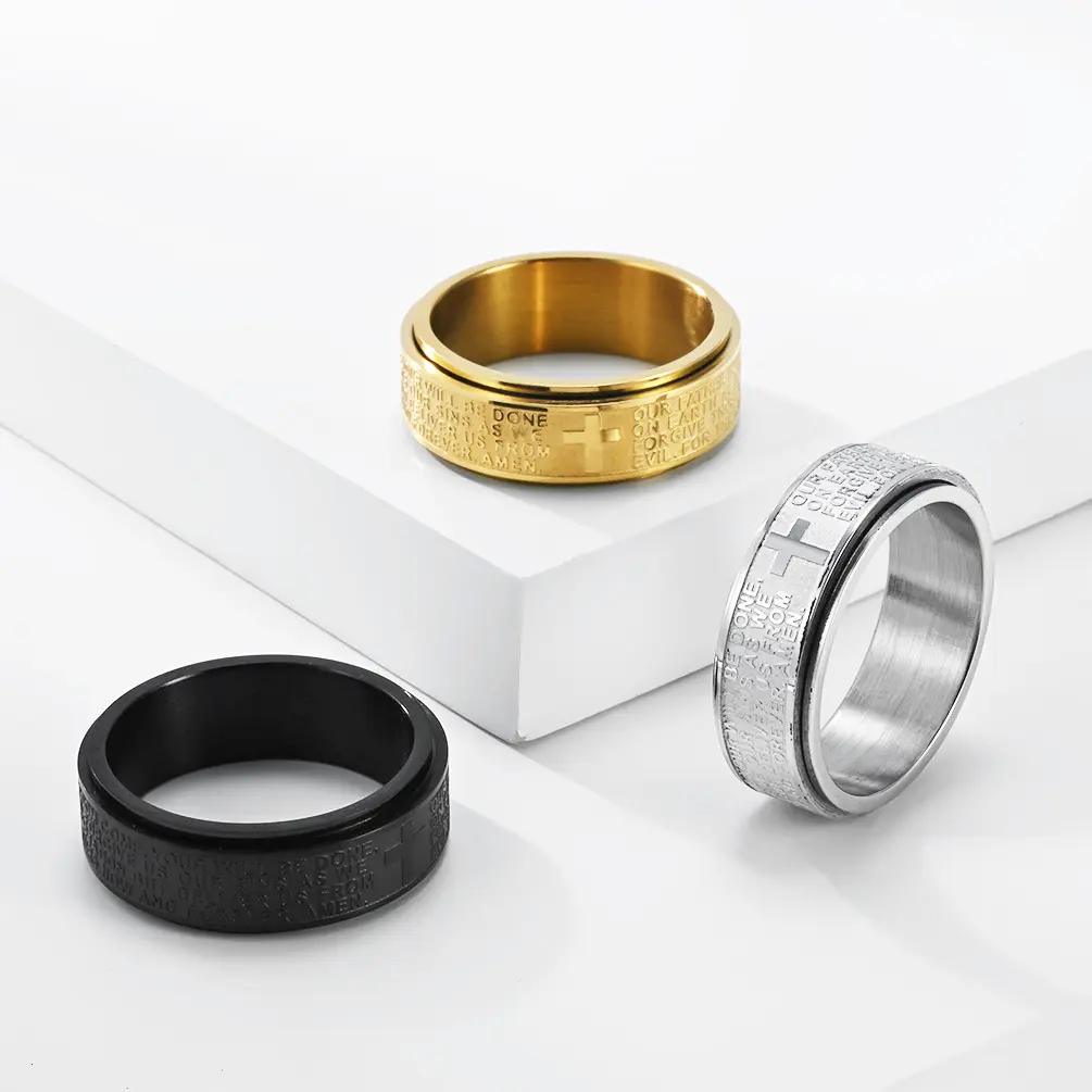 Prayer Engraved Spinner Rings for Men – Titanium Steel Rotating Fidget Band, Tarnish Resistant Unique Statement Finger Jewelry