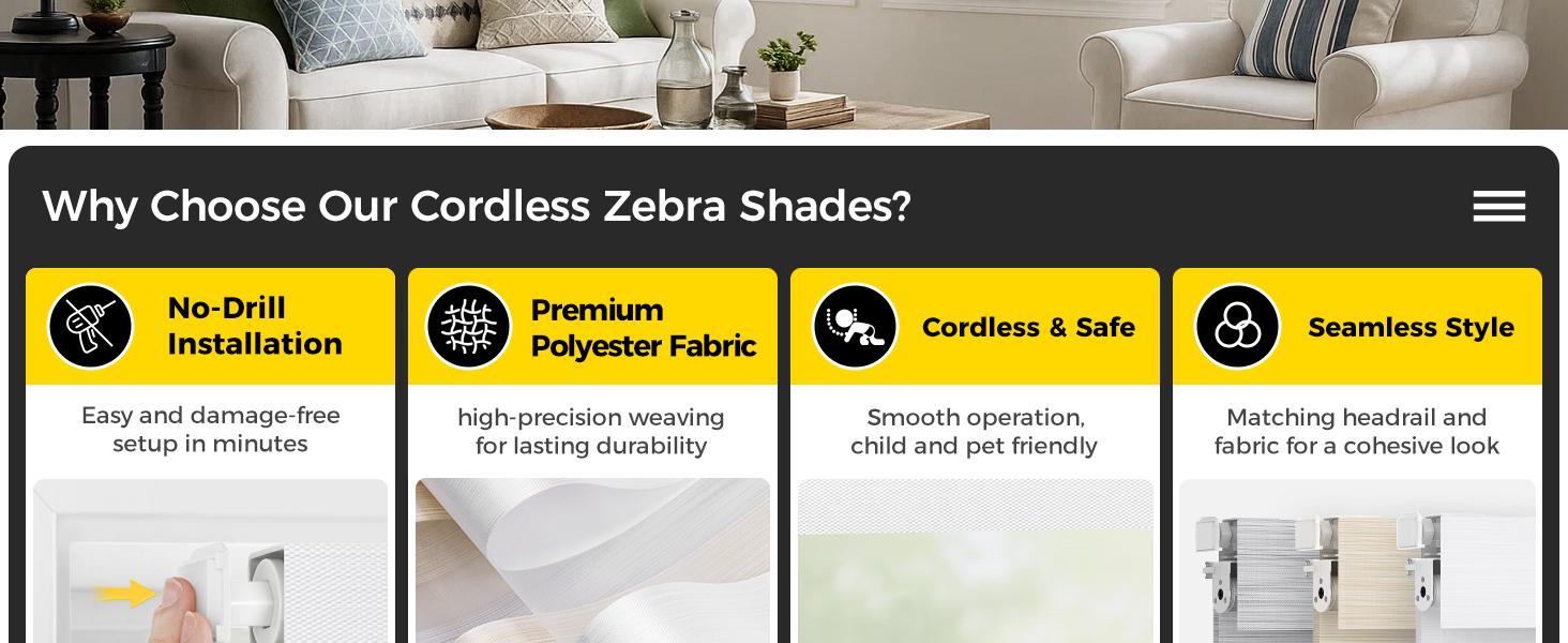 Cordless Zebra Blinds Linen No Drill Installation Linen High Precision Fabrics Beige 32.5" W x 72" H