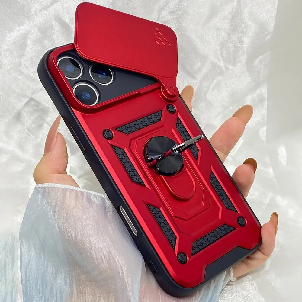 for iPhone Case,Slide Camera Cover,Magnetic Rotated Ring Kickstand,Military-Grade Shockproof Protective Phone Cover (Red, iPhone 16 Plus)