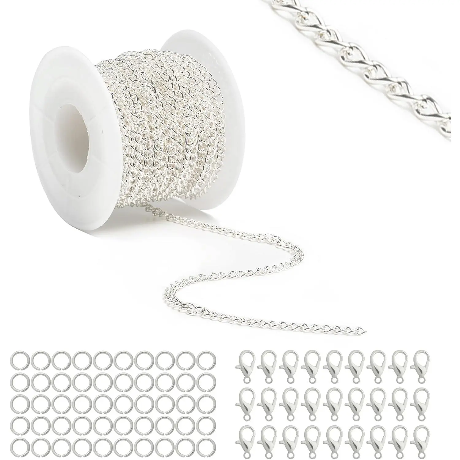 33   Chains for  Making,Necklace & Craft |  Chain Roll kits with Lobster Clasps & Jump Ring,Bulk Metal Curb Links Chains for DIY,Necklace,Crafts,Extender Chains