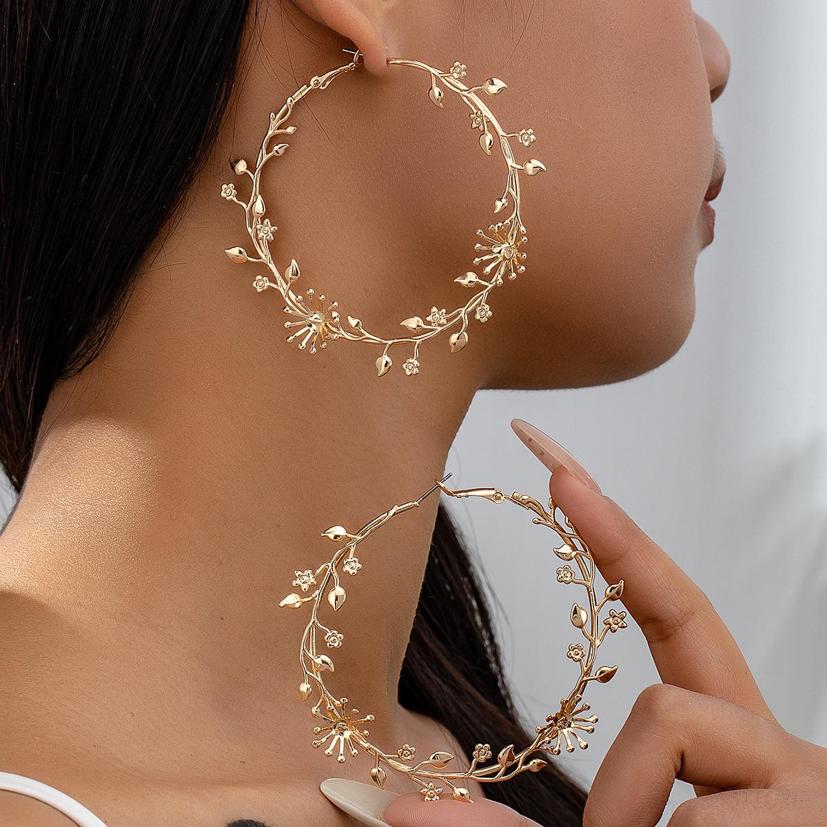 Western Style Statement Earrings | Oversized Gold Hoops with Floral & Leaf Motifs, Sweet Edgy Bold Fashion Jewelry