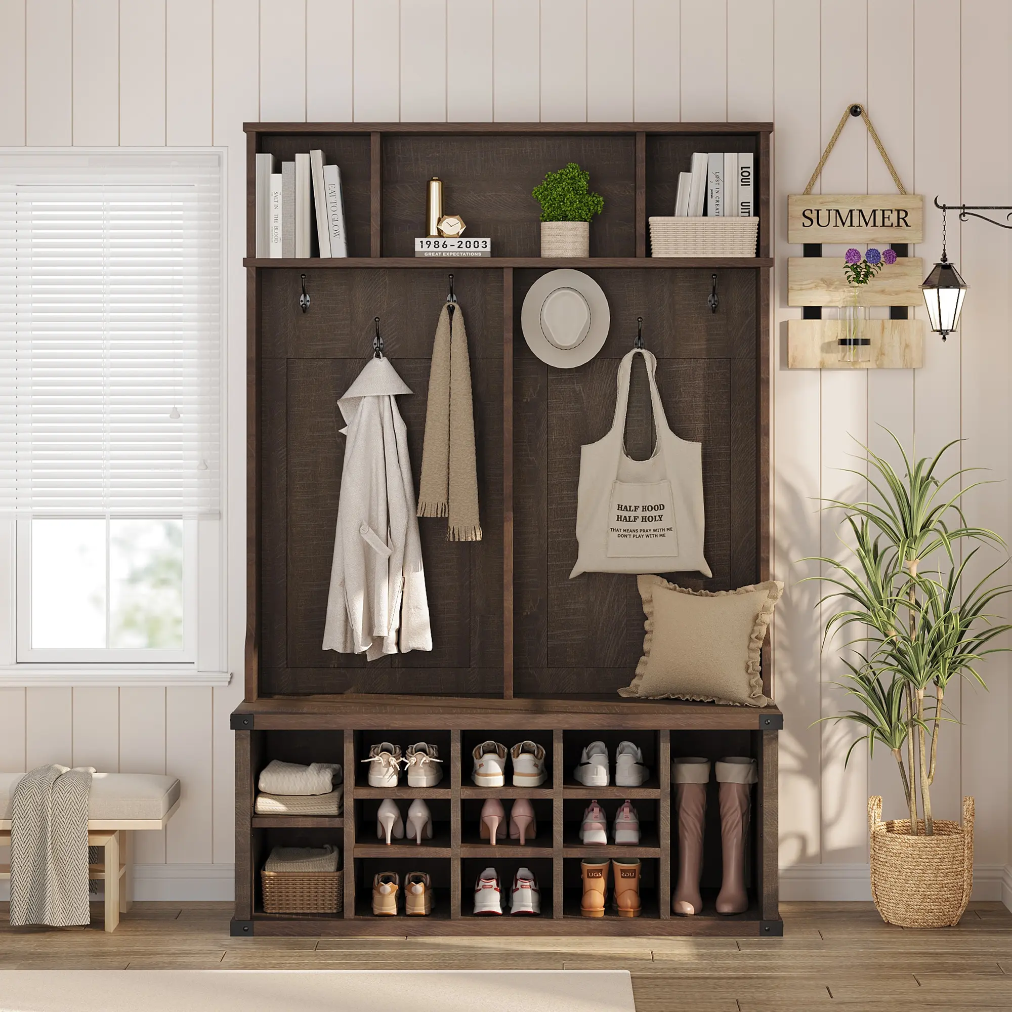 Extra Large 51" Entryway Hall Tree with Bench & Shoe Storag, Shoe Storage & Coat Rack | Large 5-in-1 Mudroom Storage w/ 6 Tri-Hooks & Seating, 13 Cubbies & Adjustable Shelf, Metal Corner Protctor