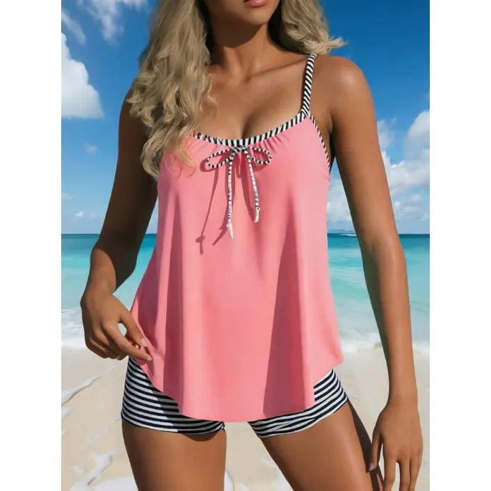 Women's Contrast Stripe Tankini Swimsuit, Striped Trim Spaghetti Strap Scoop Neck Drawstring Front Loose Flow Top, High Waist Black White Striped Boyshort Bottom, Modest Tummy Control Bathing Suit for Beach Vacation, Pool Party, Hot Spring & Summer Cruise