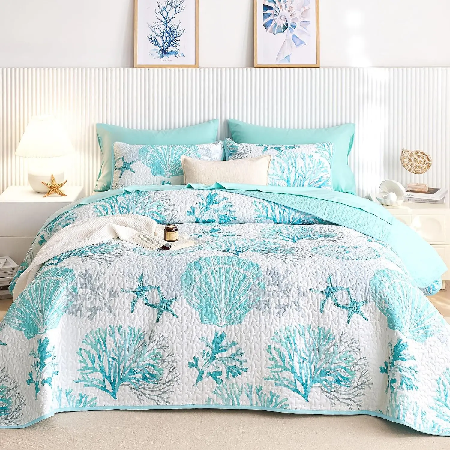 Coastal Reversible Lightweight Quilt Set, Nautical Ocean Beach Tropical Summer Pattern, 3-Piece Bedspread Coverlet, Aqua Turquoise, Queen/Full SizeGift