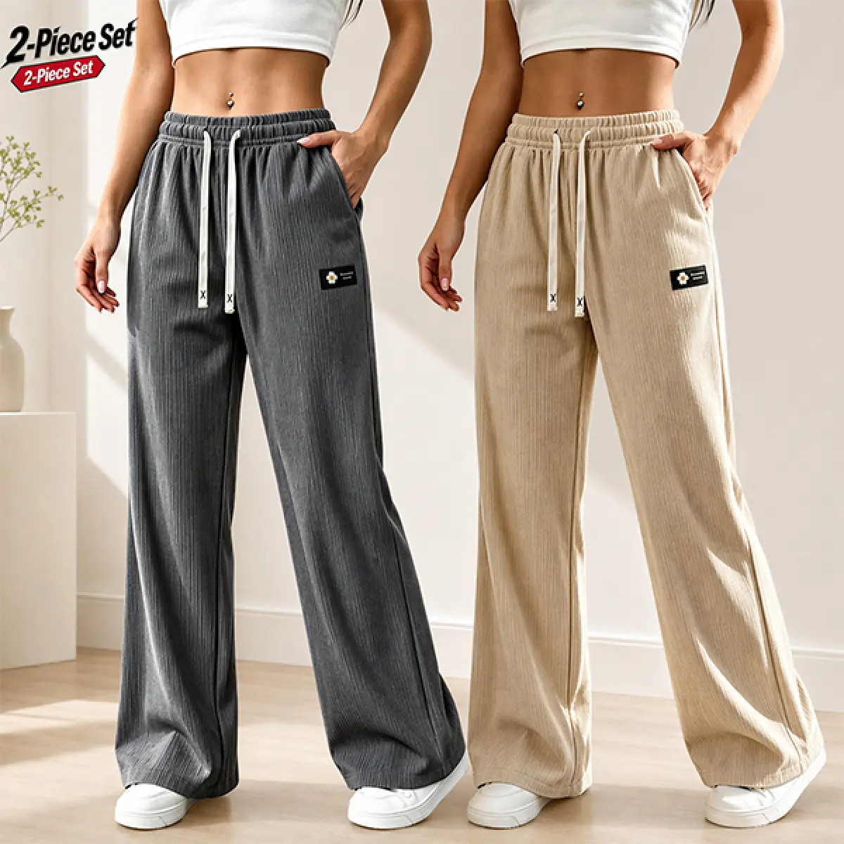 Women's 2PACK Casual Pants Vintage Wide Leg Loose Fit Corduroy Long Pants Classy Casual Trousers Womenswear, Comfortable and Stylish, Aesthetic, Perfect for Daily Wear Spring Valentine's Day, Casual Loose Baggy gaucho