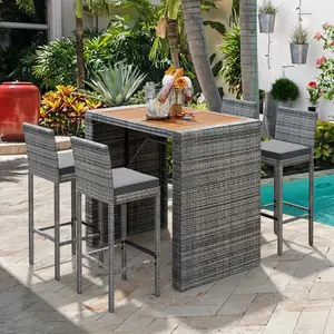 Aobtkel®GO 5-pieces Outdoor Patio Wicker Bar Set, Bar Height Chairs With Non-Slip Feet And Fixed Rope, Removable Cushion, Acacia Wood Table Top, Brown Wood And Gray Wicker