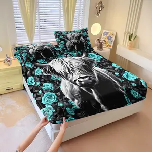 3-Piece Highland Cow Print Fitted Sheet Set, Teal Western Farmhouse Bedding Set, Rustic Home Decor, Longhorn Farm Animal Set, Perfect Gift For Cowboy Boys