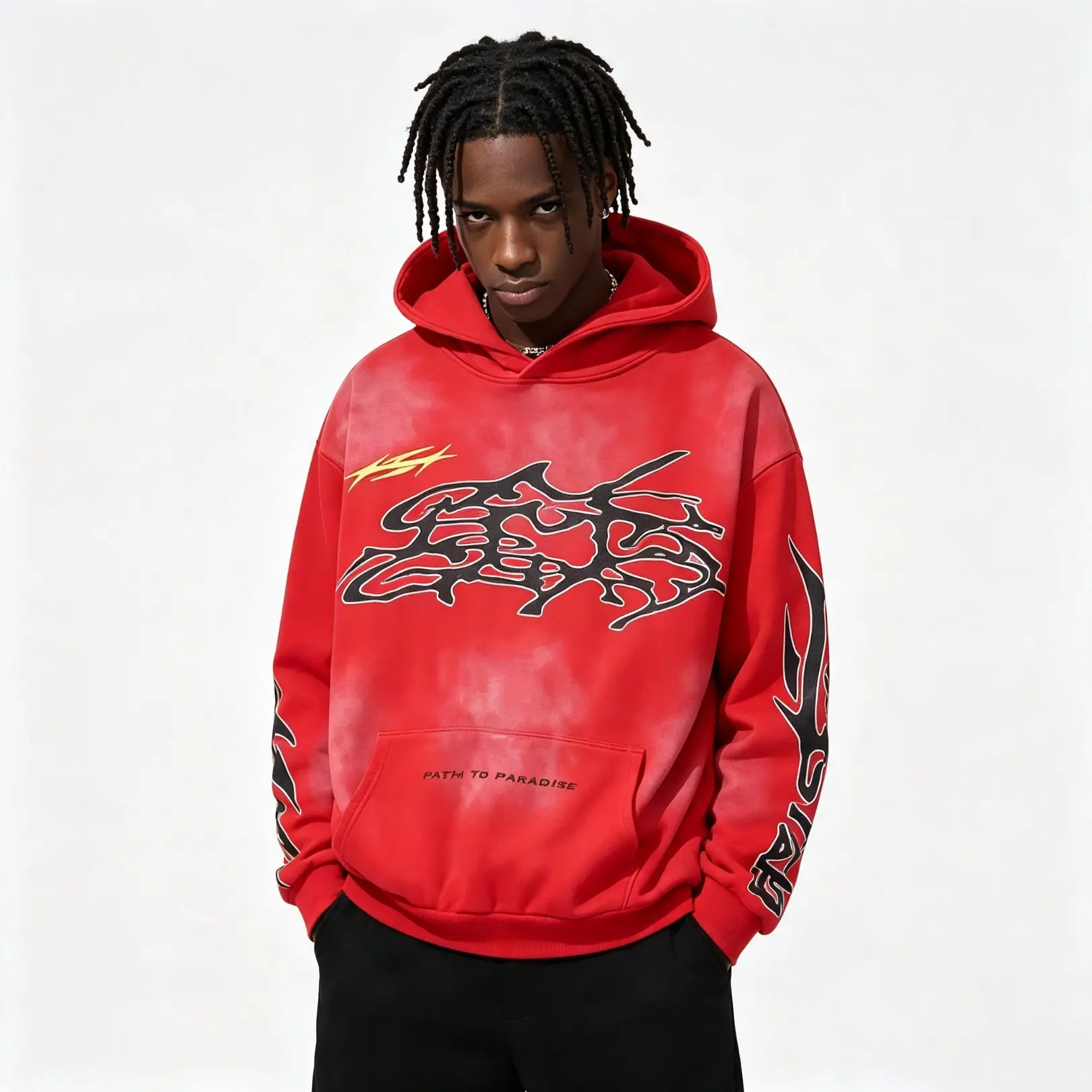 HELLSTAR Washed Red Graphic Hoodie 100% Cotton Tribal Gothic Print Pullover Sweatshirt Y2K Streetwear Oversized Casual Hooded Jacket Unisex Men Women