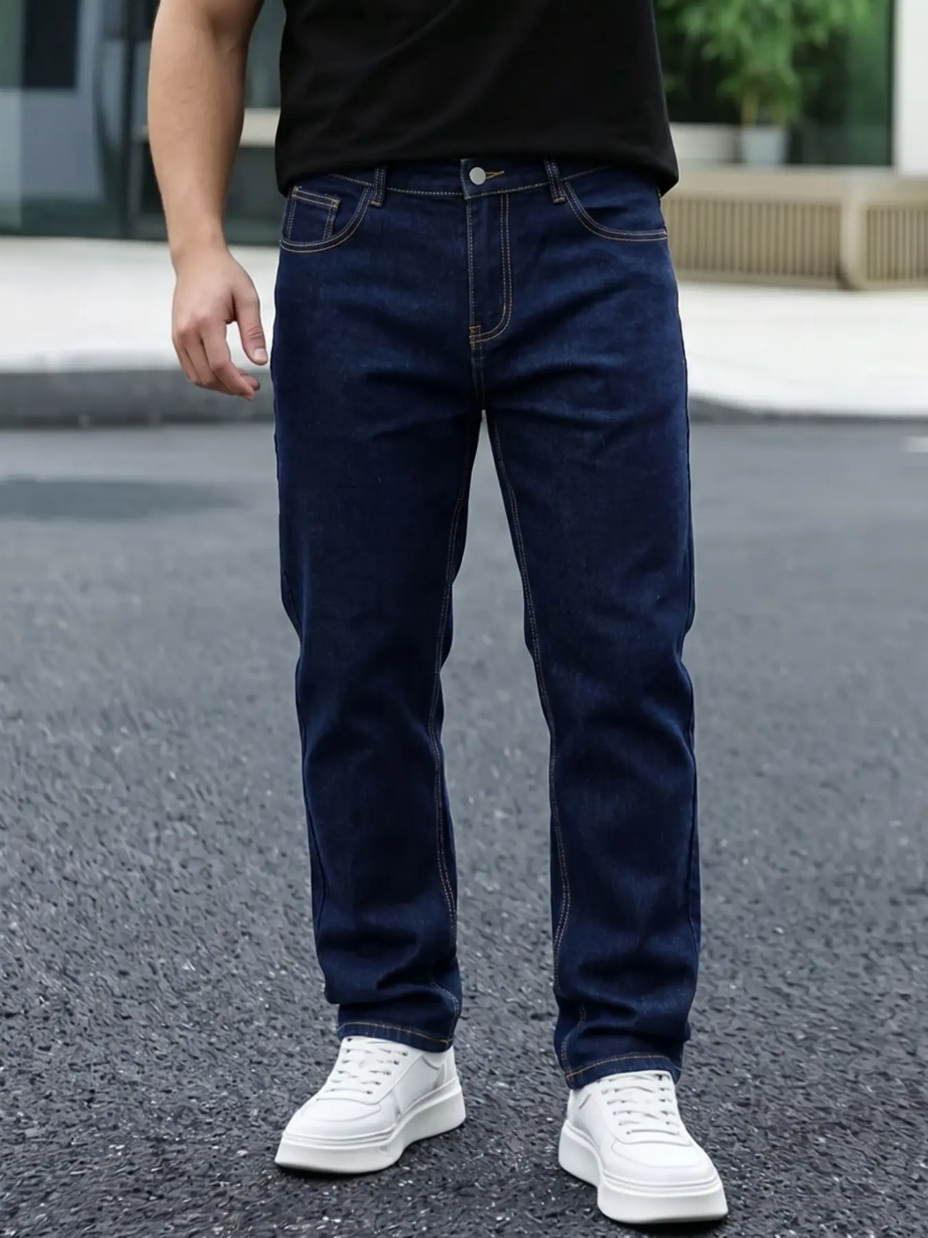 Men's Deep Blue Straight Leg Jeans, Contrast Stitching, Classic Basic Elastic Solid Daily Casual Denim Jeans